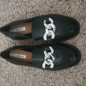 Stradivarius Black Loafers with Silver Chain Accent